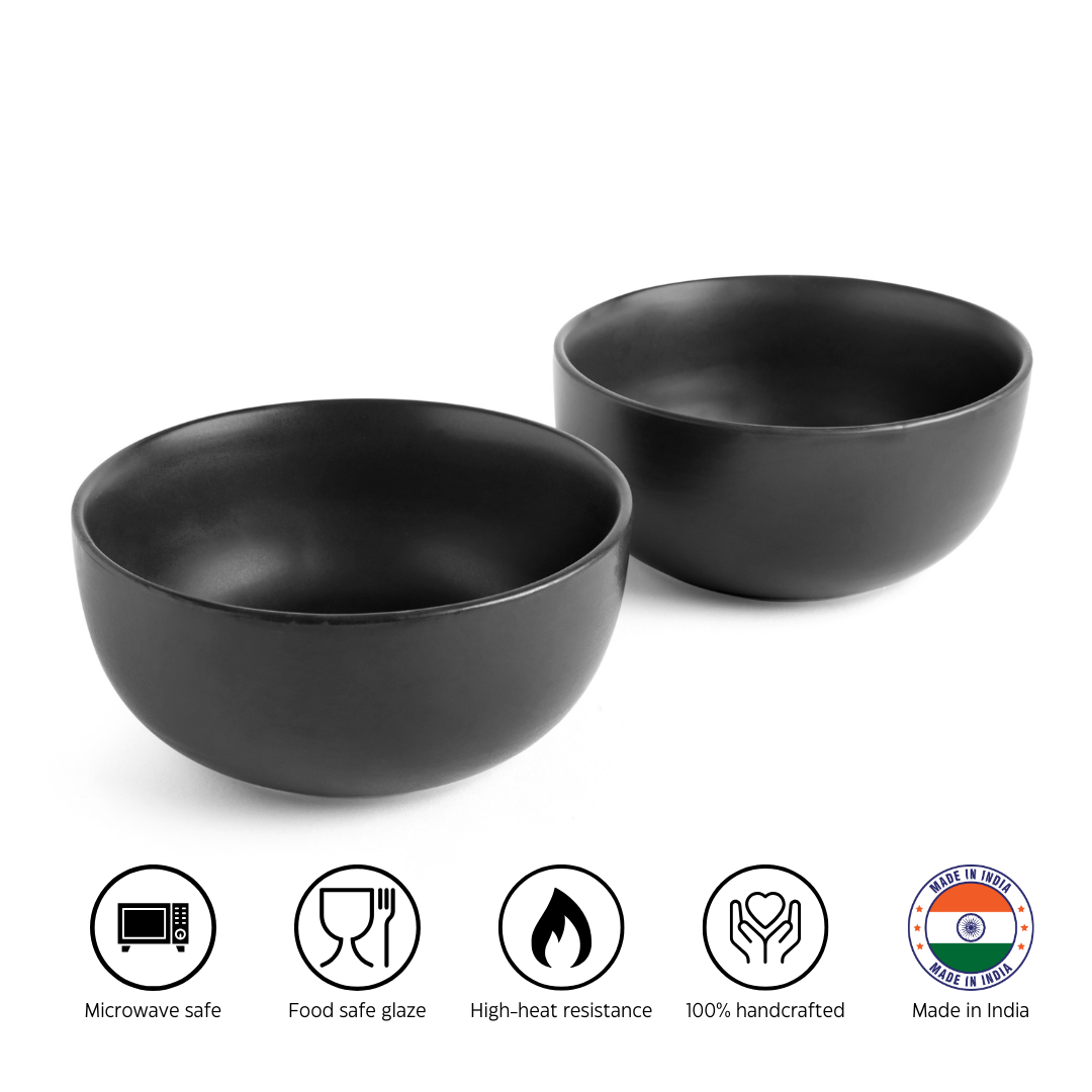 KLÉ Ceramics Soup Bowls | Set of 2 | Ideal for Soups and Cereals | 500 ml (Matte Black)