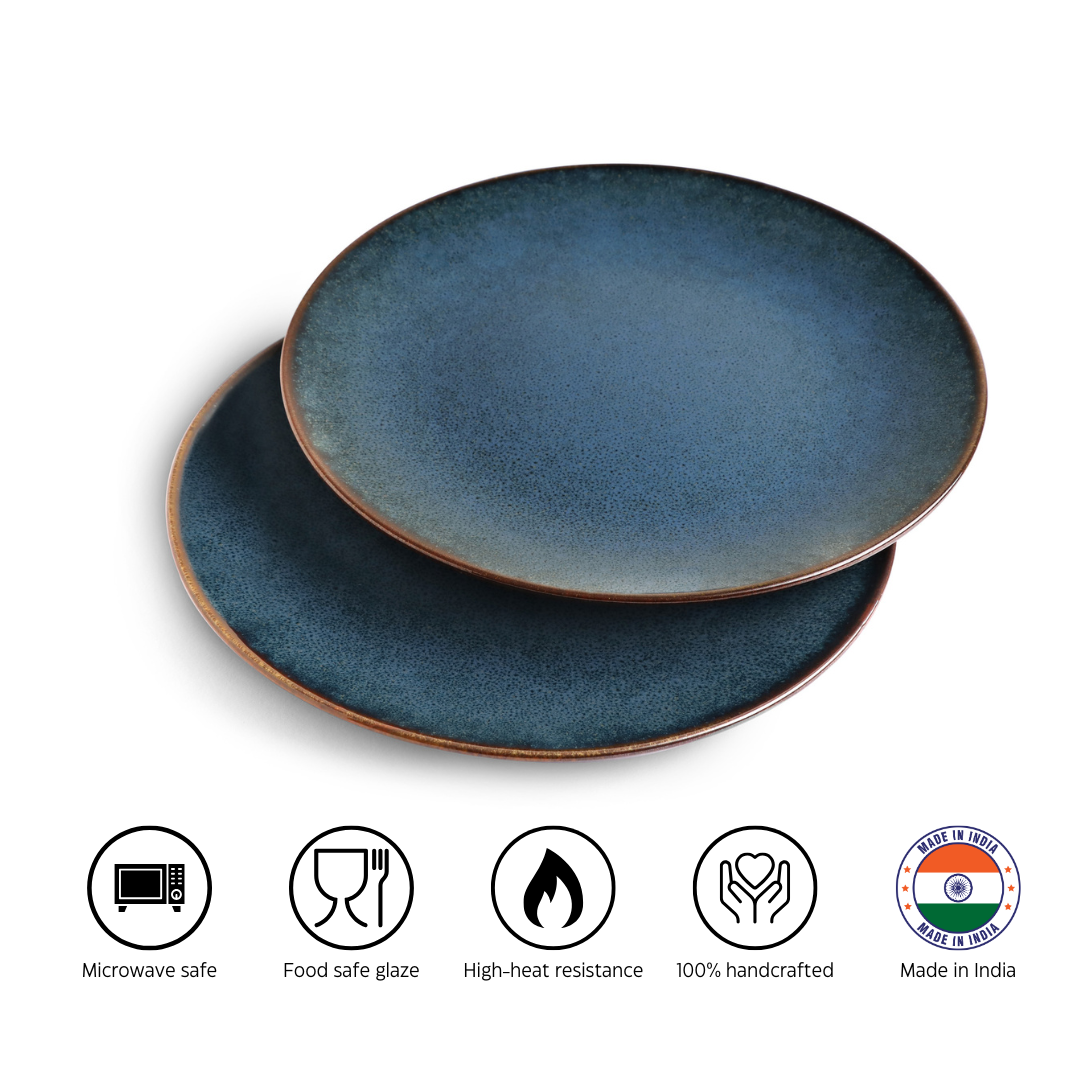 KLÉ Ceramics Essentials Dinner Set | 2 Dinner Plates, 2 Quarter Plates and 2 Bowls (225ml) | Microwave and Oven Safe - 100% Handmade. (Deep Ocean Blue)