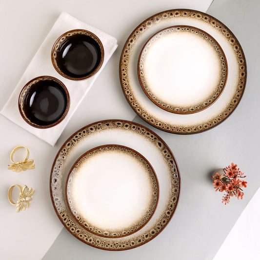 KLÉ Ceramics Essentials Dinner Set | 2 Dinner Plates, 2 Quarter Plates and 2 Bowls (225ml) | Microwave and Oven Safe - 100% Handmade. (Coffee Spleck)