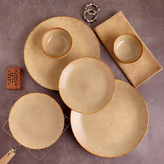 KLÉ Ceramics Essentials Dinner Set | 2 Dinner Plates, 2 Quarter Plates and 2 Bowls (225ml) | Microwave and Oven Safe - 100% Handmade. (Clay Brown)