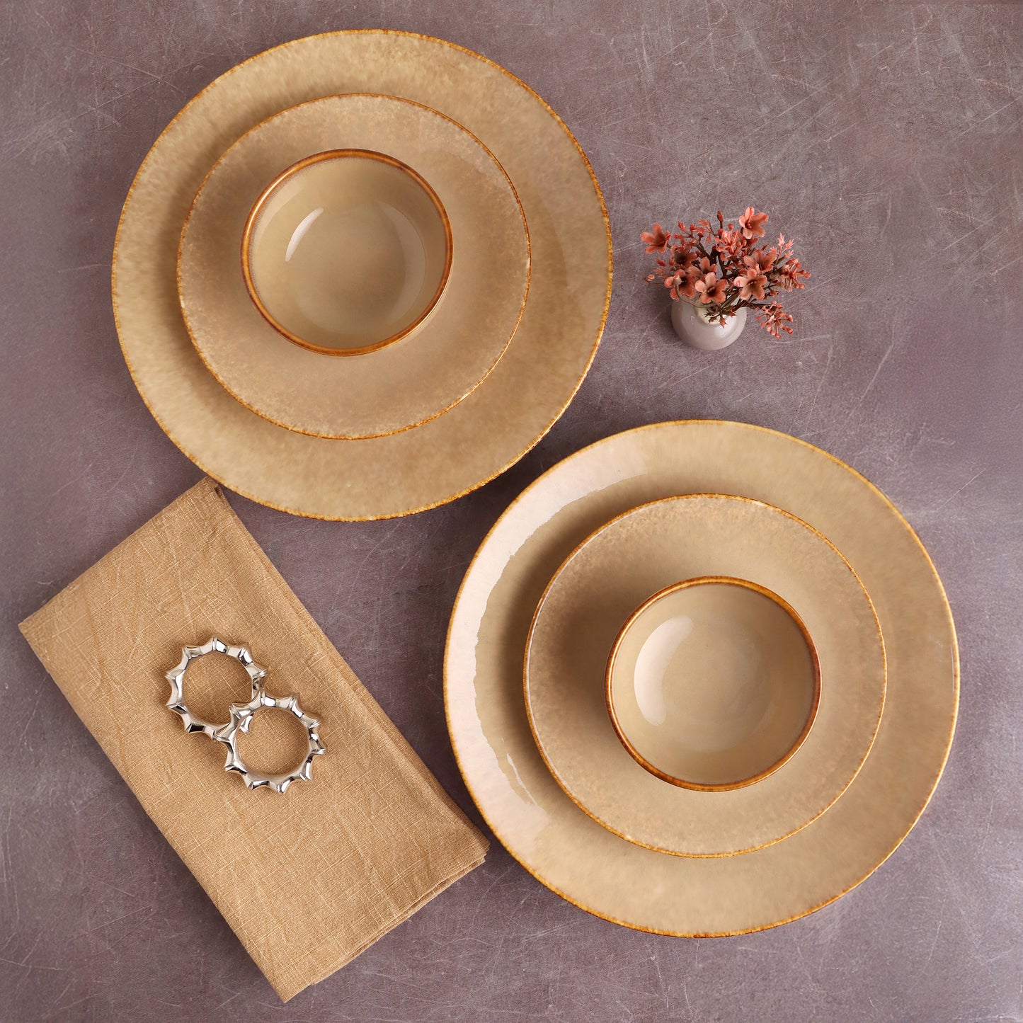 KLÉ Ceramics Essentials Dinner Set | 2 Dinner Plates, 2 Quarter Plates and 2 Bowls (225ml) | Microwave and Oven Safe - 100% Handmade. (Clay Brown)