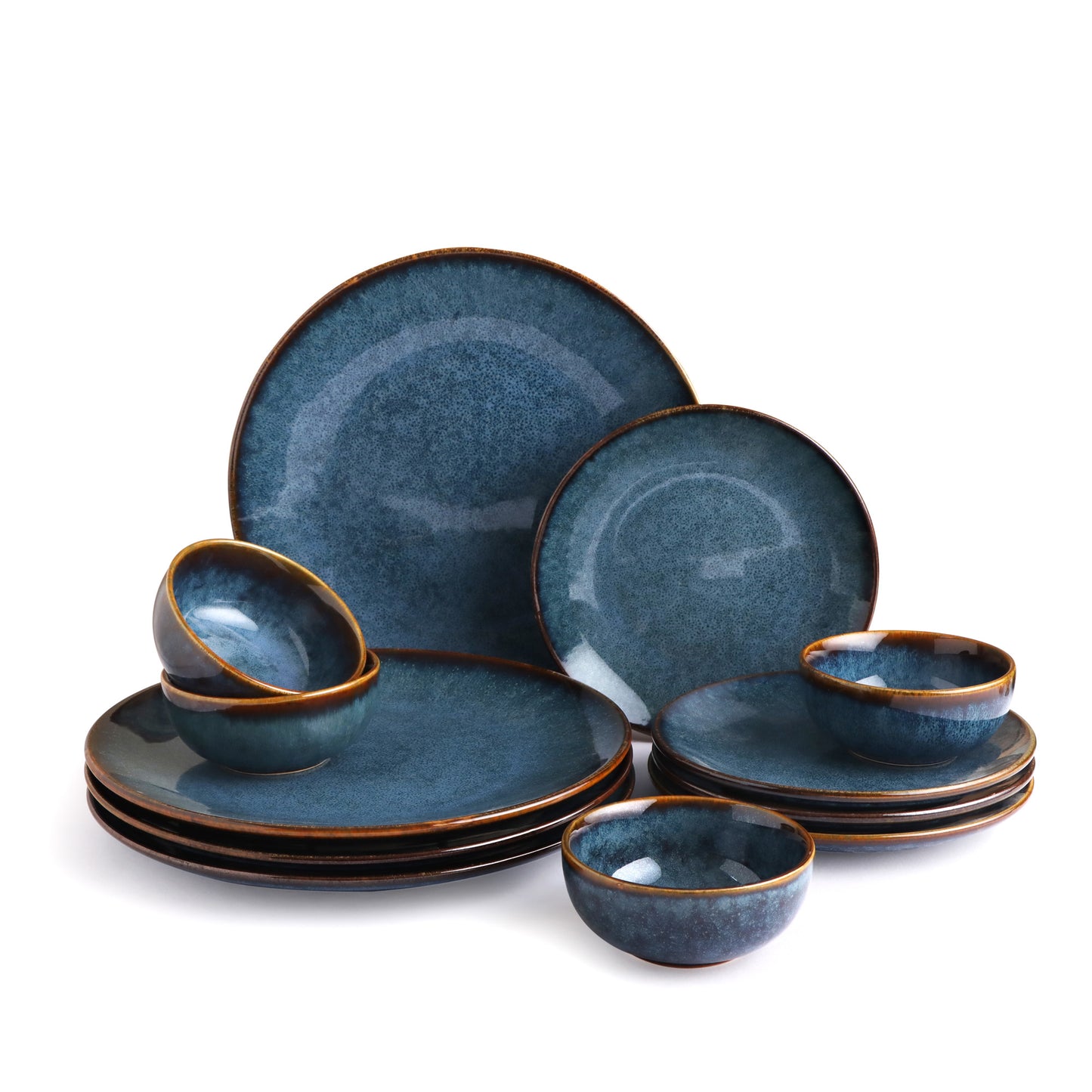 KLÉ Ceramics Family Dinner Set | 4 Dinner Plates, 4 Quarter Plates and 4 Bowls (225ml) | Microwave and Oven Safe - 100% Handmade. (Deep Ocean Blue)