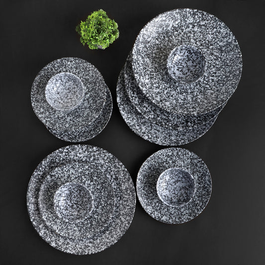 KLÉ Ceramics Family Dinner Set | 4 Dinner Plates, 4 Quarter Plates and 4 Bowls (225ml) | Microwave and Oven Safe - 100% Handmade. (Truffle Granite)