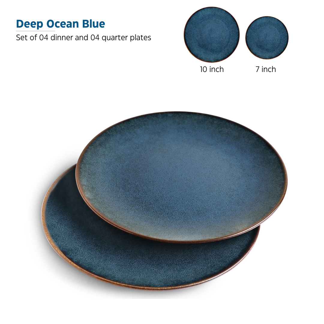 KLÉ Ceramics Family Dinner Set | 4 Dinner Plates, 4 Quarter Plates and 4 Bowls (225ml) | Microwave and Oven Safe - 100% Handmade. (Deep Ocean Blue)