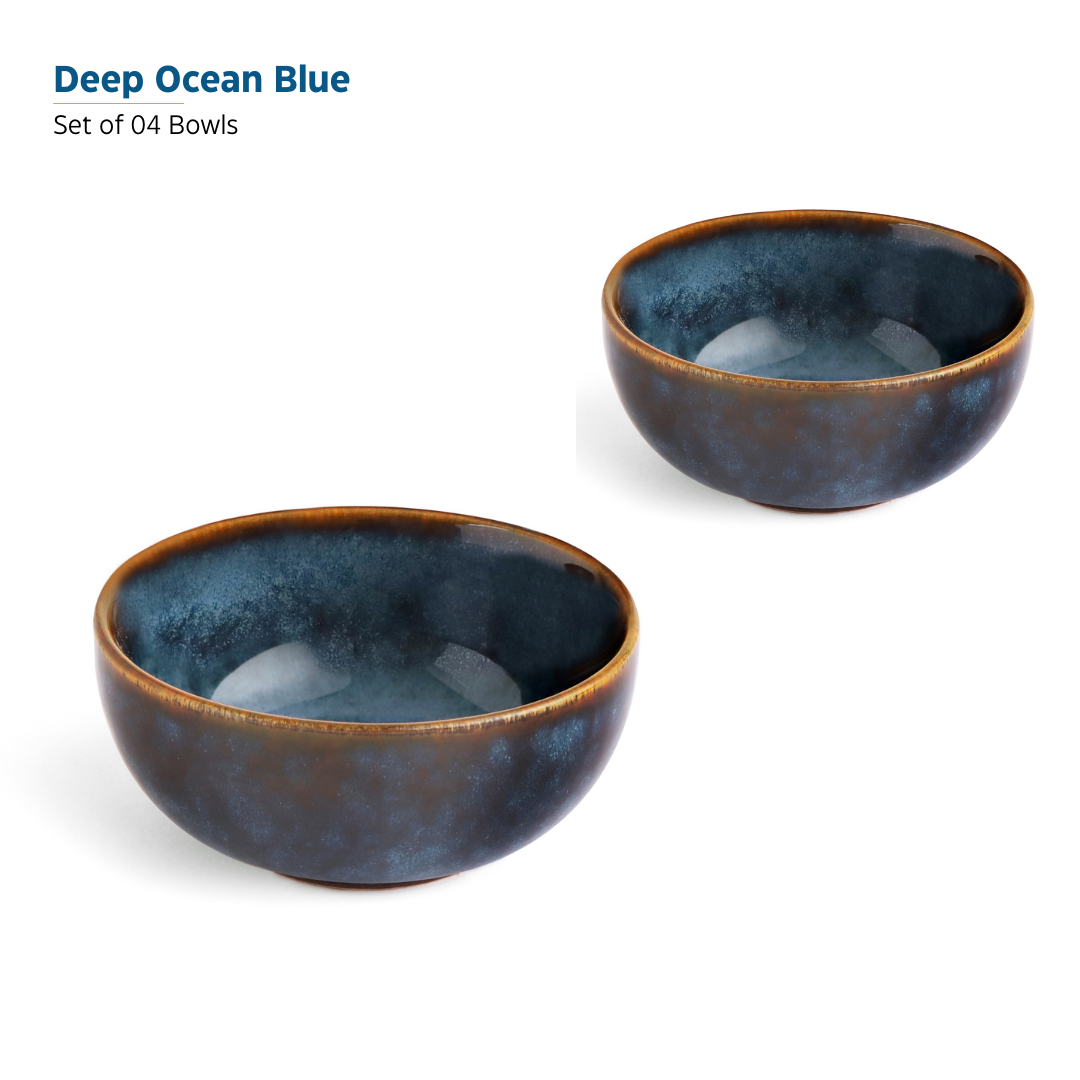 KLÉ Ceramics Family Dinner Set | 4 Dinner Plates, 4 Quarter Plates and 4 Bowls (225ml) | Microwave and Oven Safe - 100% Handmade. (Deep Ocean Blue)