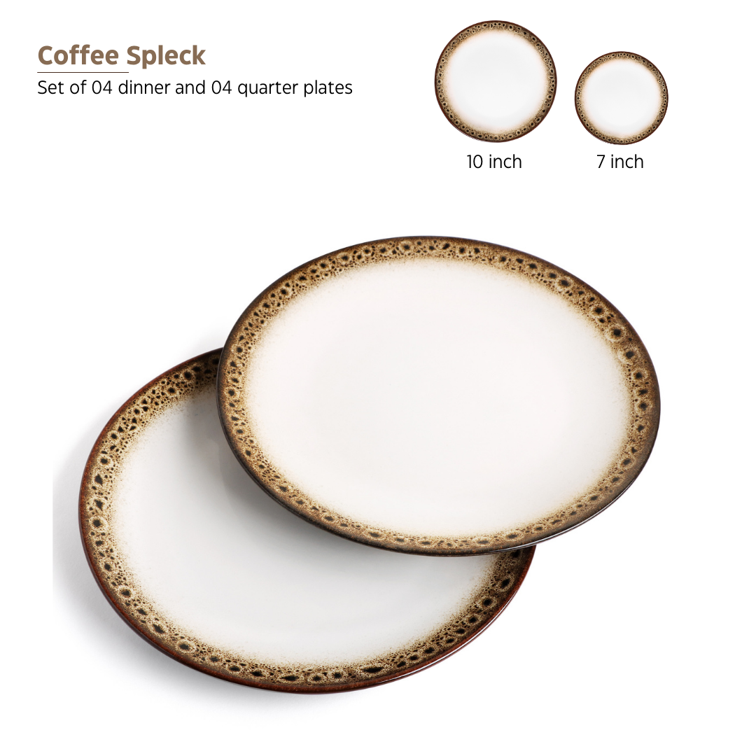 KLÉ Ceramics Family Dinner Set | 4 Dinner Plates, 4 Quarter Plates and 4 Bowls (225ml) | Microwave and Oven Safe - 100% Handmade. (Coffee Spleck)