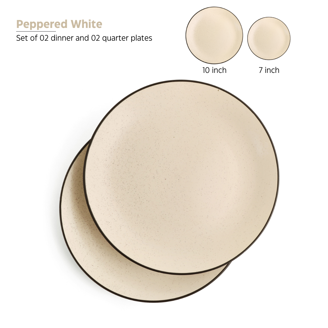 KLÉ Ceramics Essentials Dinner Set | 2 Dinner Plates, 2 Quarter Plates and 2 Bowls (225ml) | Microwave and Oven Safe - 100% Handmade. (Peppered White)