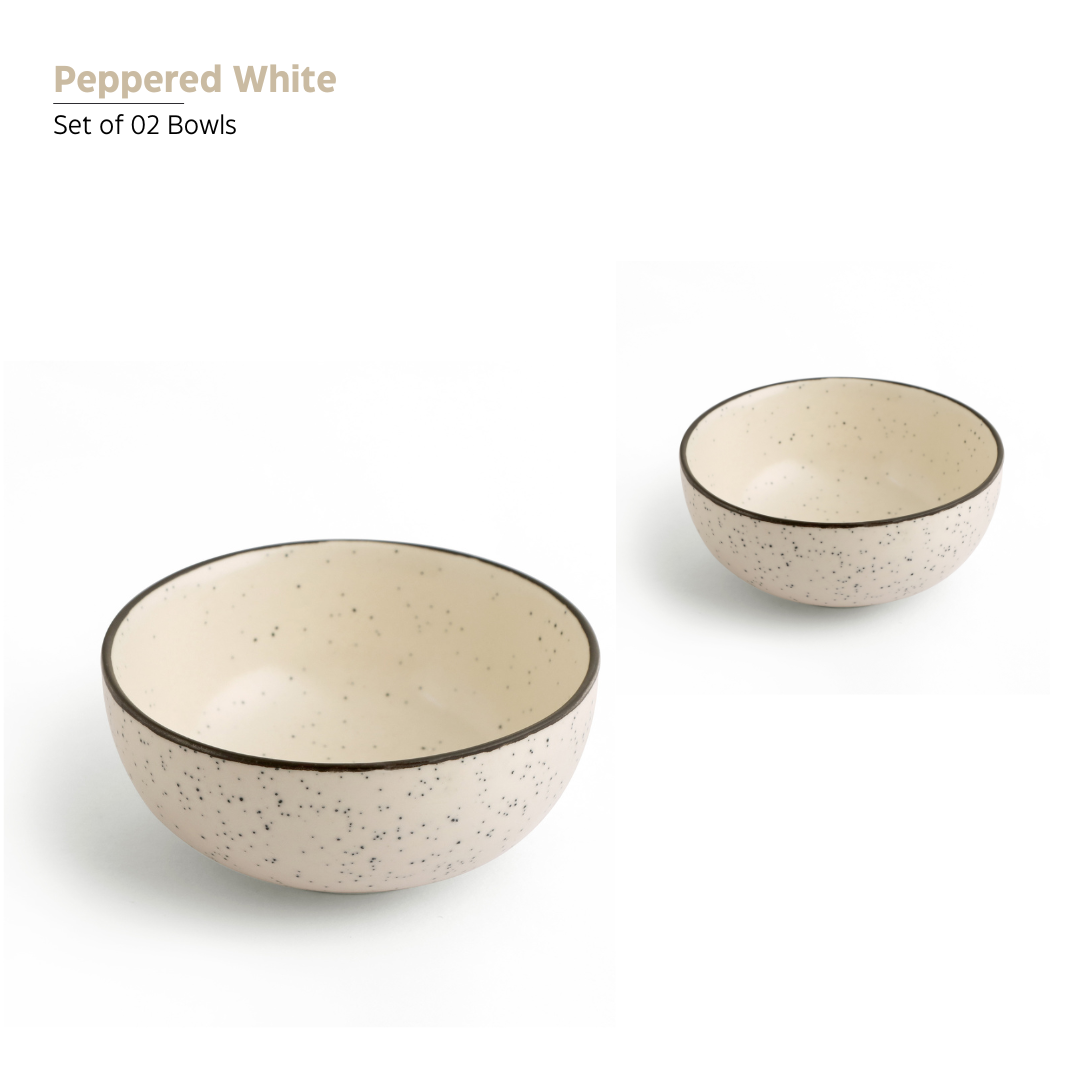 KLÉ Ceramics Essentials Dinner Set | 2 Dinner Plates, 2 Quarter Plates and 2 Bowls (225ml) | Microwave and Oven Safe - 100% Handmade. (Peppered White)