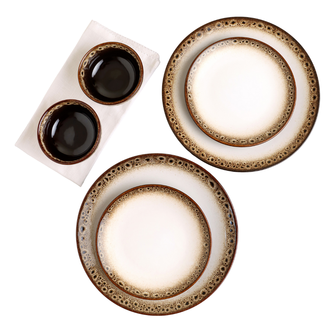 KLÉ Ceramics Essentials Dinner Set | 2 Dinner Plates, 2 Quarter Plates and 2 Bowls (225ml) | Microwave and Oven Safe - 100% Handmade. (Coffee Spleck)