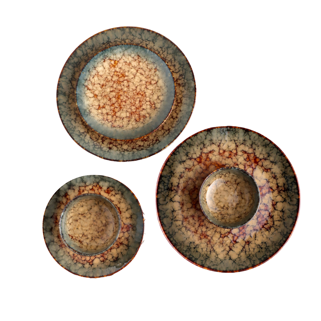 KLÉ Ceramics Essentials Dinner Set | 2 Dinner Plates, 2 Quarter Plates and 2 Bowls (225ml) | Microwave and Oven Safe - 100% Handmade. (Marrakesh Ember)