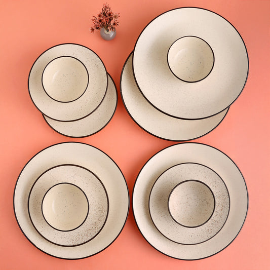 KLÉ Ceramics Family Dinner Set | 4 Dinner Plates, 4 Quarter Plates and 4 Bowls (225ml) | Microwave and Oven Safe - 100% Handmade. (Peppered White)