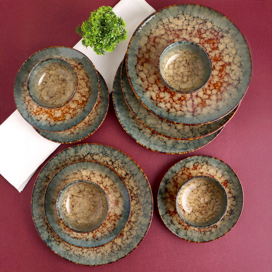 KLÉ Ceramics Family Dinner Set | 4 Dinner Plates, 4 Quarter Plates and 4 Bowls (225ml) | Microwave and Oven Safe - 100% Handmade. (Marrakesh Ember)